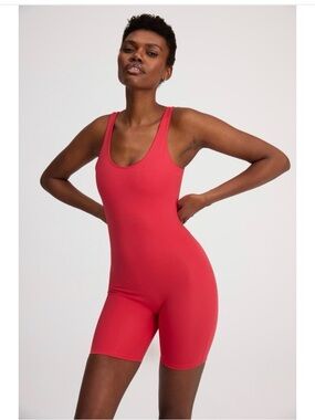 girlfriend collective Red-Pink( geranium) Bike Unitard size large